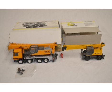 2 boxed 1/50 scale diecast mobile telescopic crane models: A Sennebogen HPC 40 with lattice boom extension by Conrad (item no