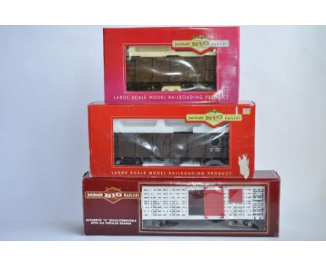 3 boxed Bachmann G gauge railway wagons including stock car with horse. All wagons have been re-painted/adapted slightly but 