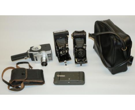 Kershaw Eight-20 Penguin folding camera, Houghton-Butcher Enson Carbine folding camera, another folding camera, Etona 8 cine 