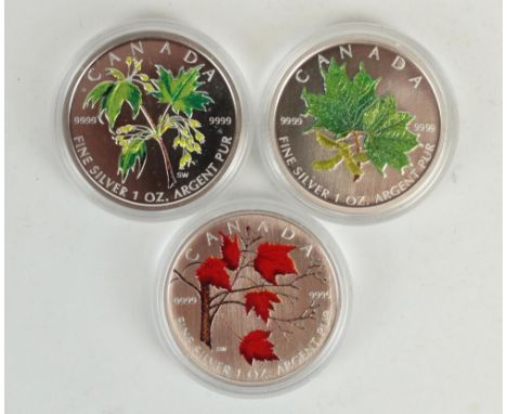 Three Canada 1oz fine silver $5 CAN coins with enamel maple leaf decoration reverse 