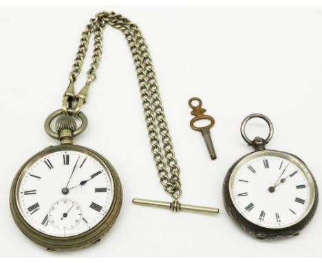 Swiss keyless pin set open faced pocket watch, with white enamel dial, Roman numerals, railtrack minutes and subsidiary secon