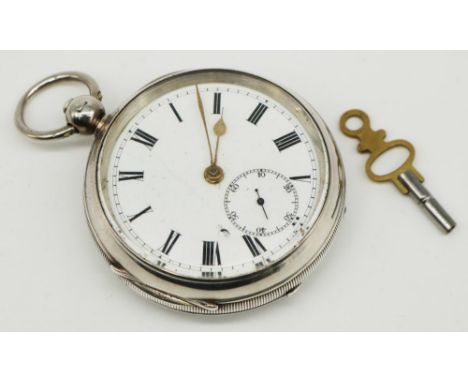 Silver key wound and set open faced pocket watch, white enamel dial with Roman numerals, railtrack minutes and subsidiary sec