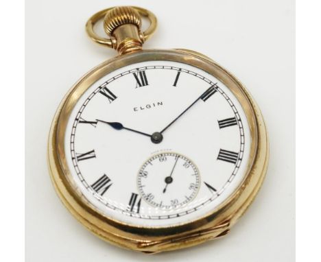 Elgin open faced keyless pocket watch,  white enamel dial with Roman numerals, outer railtrack minutes and subsidiary seconds