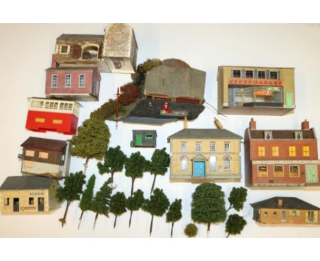 Hand built, cardboard 00 scale trackside buildings, Lanscaping materials, Hornby rolling stock boxes,track,3 platform section