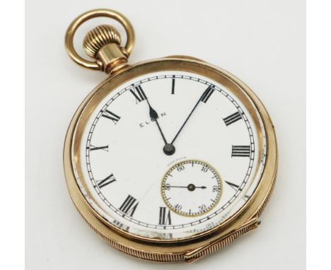 Elgin open faced keyless pocket watch, signed white enamel dial with Roman numerals, outer railtrack minutes and subsidiary s