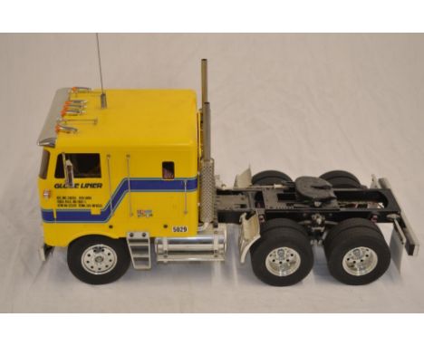 A Tamiya 1/14 scale radio control Globe Liner truck model with fitted "Full Option" set. Not tested, A/F. 