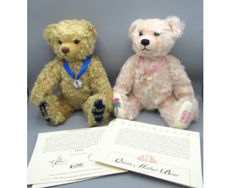 Steiff Queen Mother Bear in rose mohair, H38cm, limited edition 848/2002 and a Steiff Coronation Bear in blonde mohair, H35cm
