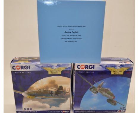 3 boxed 1/72 scale diecast Corgi Luftwaffe models:BF109G-2 (AA27104) as preserved at The RAF Museum Hendon, limited edition 7