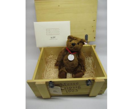 Steiff Teddy Bear Messe Leipzig 1903 bear in brown mohair, H28cm, in wooden crate, limited edition no.56 