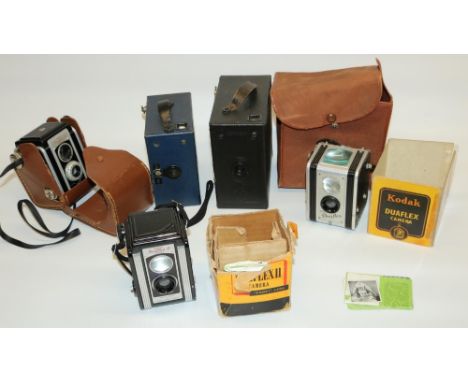 Houghton-Butcher "J-B" Ensign boxed camera, Houghton-Butcher E29 Ensign boxed camera in blue finish, Kodak Duaflex camera, tw