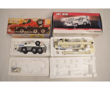 2 boxed 1/50 scale diecast mobile telescopic crane models: A Terex AC35 by NZG with lattice boom extension (item no 532) and 