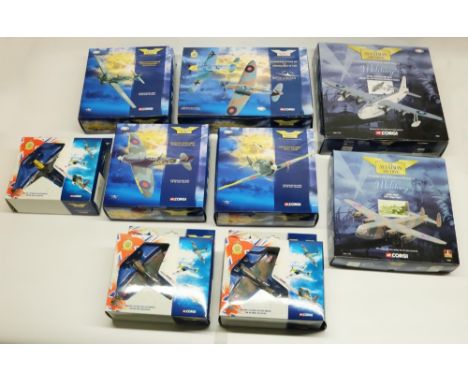 Corgi Aviation Archive - nine diecast model aircraft in 1:72 and 1:144 scale with original packaging: 49505, 49201, 49001, 49