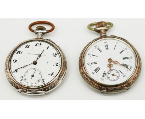 Retailer Thos. Russell &amp; Son, Swiss key wound and pinset open faced white metal pocket watch, signed white enamel dial wi