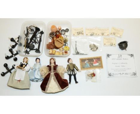 Collection of 1:12 scale dolls house dolls and accessories, mostly Tudor style, including: Warwick Miniatures, DCT Miniature 