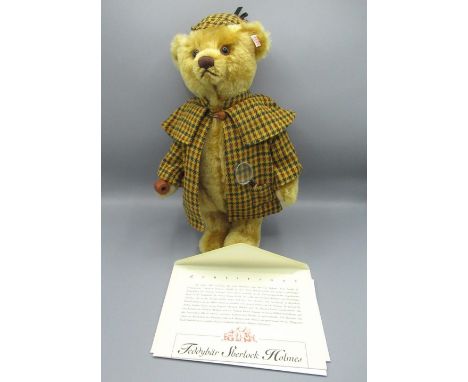 Steiff Sherlock Holmes teddy bear in brown mohair, limited edition 1393/1500, H35cm, boxed with certificate 