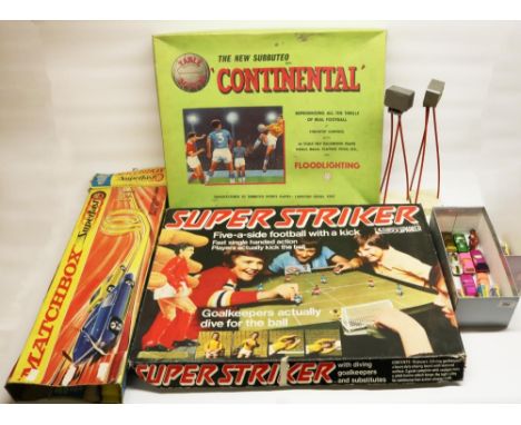 Matchbox Superfast SF-4 Double Loop Race Set and related vehicles, Parker Superstriker game, and a Subbuteo "Continental" tab