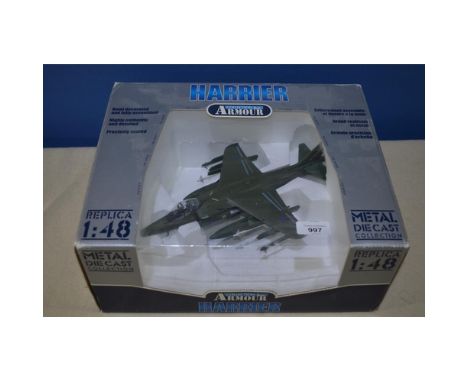 A boxed Armour Collection 1/48 diecast RAf Harrier GR7 (item no B11B250, Art 98053). Model has decal silvering on tail and a 