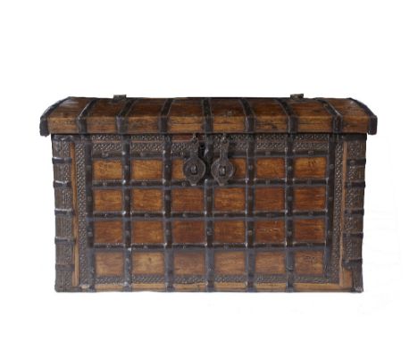 An iron bound dome top trunk 18th/19th Century with iron handles, 100cm across