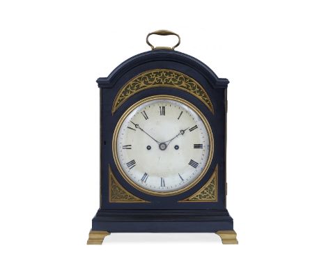 A Regency ebonised bracket clock with painted convex Roman dial, twin train fusee movement with bell strike and anchor escape