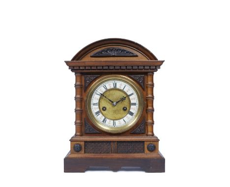 A German H. A. C., Hamburg American Clock Company mantel clock with enamel Roman chapter ring, twin train movement with gong 