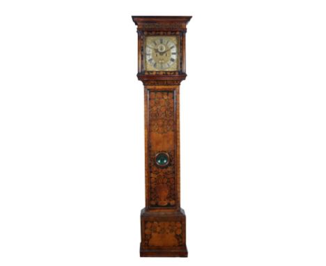 An early 18th Century marquetry eight day longcase clock the 12" square brass dial with silvered Roman chapter ring, Arabic f