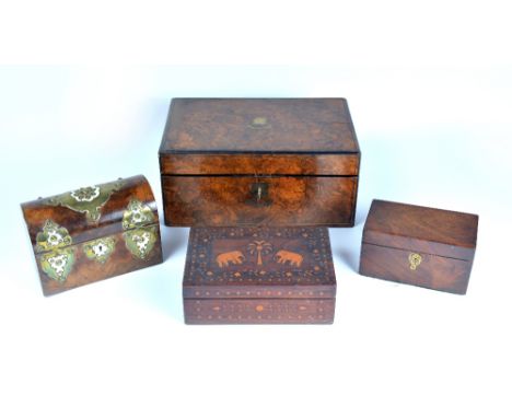 A Victorian walnut writing box with a brass bound caddy and two other boxes