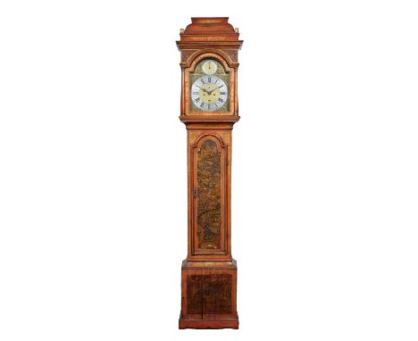 A scarlet japanned eight day longcase clock the 12" brass break arch dial with silvered Roman chapter ring, Arabic five minut