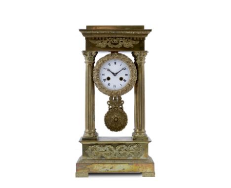 A 19th Century French gilt brass portico clock with white enamel Roman dial, the twin train Vincenti movement with bell strik