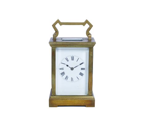A French carriage clock  with white enamel Roman dial, coiled gong strike and angular brass case, 11.5cm high