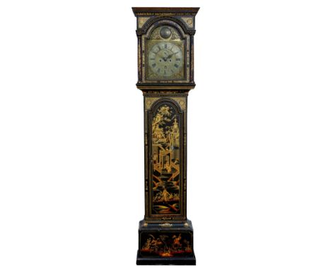 A George III green japanned eight day longcase clock the 12" brass break arch dial with silvered Roman chapter ring, fleur-de