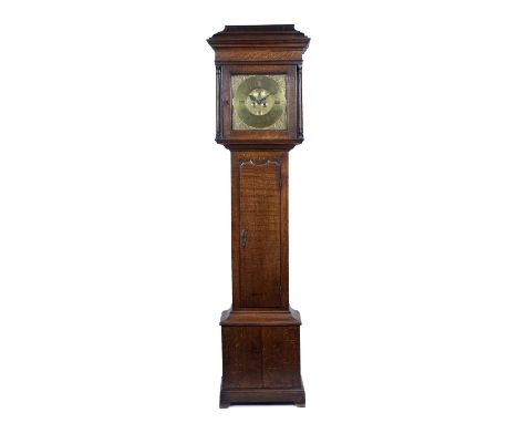 An oak eight day longcase clock the 12 1/2" square brass dial with Roman chapter ring, Arabic five minutes, signed Philip Ant