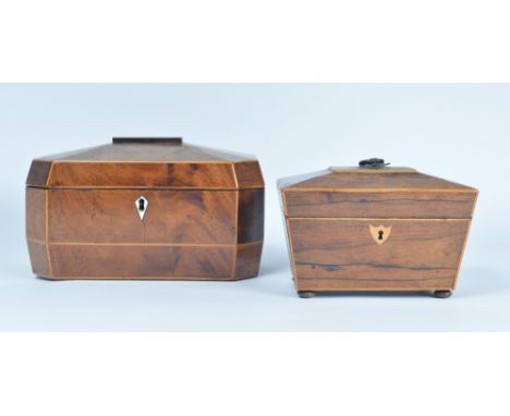 A 19th Century mahogany dome top tea caddy 26cm and a rosewood smaller tea caddy 19cm