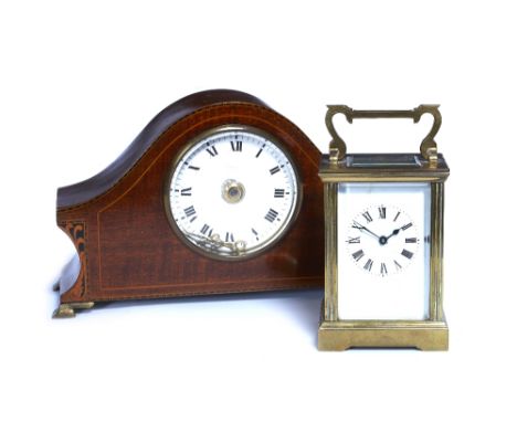 A brass carriage timepiece  with white enamel Roman dial and fluted pillar case, 11.5cm high, together with a mahogany mantel