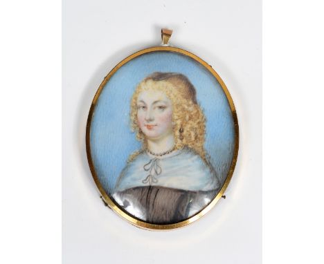 19th Century English School Oval portrait miniature of The Countess of Bath, inscribed  to reverse, on ivory, 7cm x 6cm