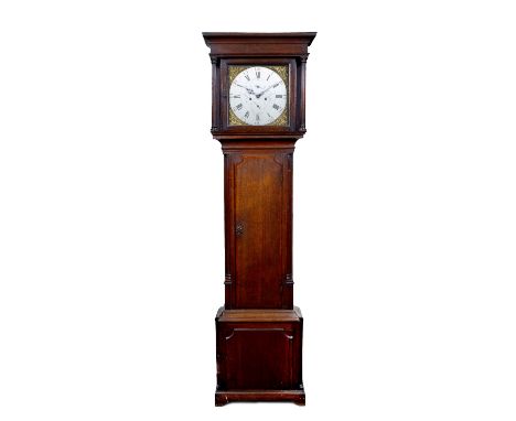 A George III oak eight day longcase clock the 13" square brass and silvered Roman dial with Arabic five minutes, subsidiary s