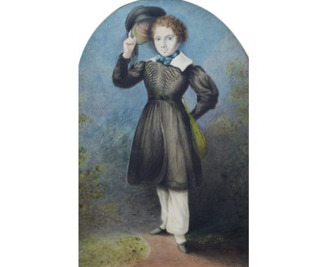 19th Century English School Full length portrait of a young dandy tipping his cap, watercolour, 30cm x 20cm