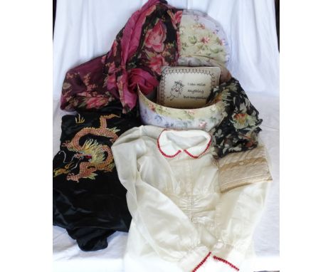HAT BOX OF TEXTILES INC BLOUSE, FLORAL DRESSING GOWN ETC 