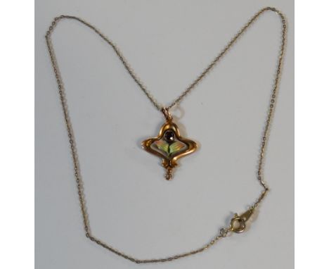 9CT GOLD AMETHYST/ENAMEL PENDANT TO CHAIN 