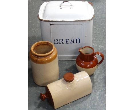 ENAMEL BREADBIN, STONE FOOTWARMER, JUG & JAR 