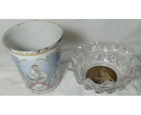VICTORIAN ENAMEL BEAKER & GLASS DISH 