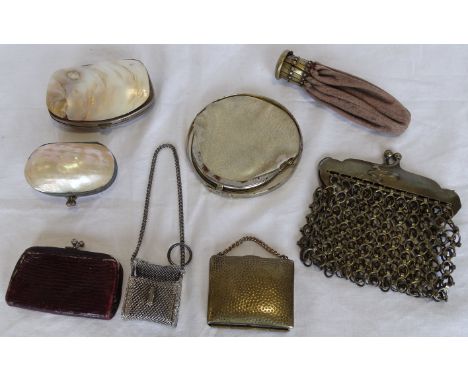 8 COIN PURSES INC 2 SHELL, 3 METAL, LEATHER PIGSKIN & 1960'S BANGLE 