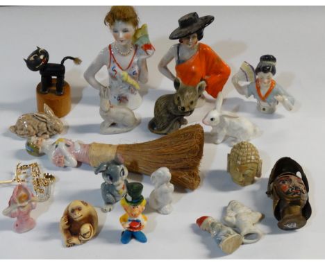 BASKET OF CERAMIC PIN BUSTS, ANIMALS, SWAROVSKI CRYSTAL ETC 