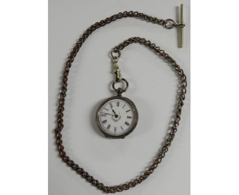 ETCHED SILVER CASED FOB WATCH WITH CENTRAL PAINTED DETAILS TO A CHAIN 