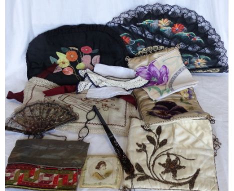 2 PAINTED SILK & EMBROIDERED HANKERCHIEF PANELS & HANKIES, APLLICA TEA COSY, GLOVE POUCH & 3 PRS GLOVES, TAPESTRY BAG, COTY C