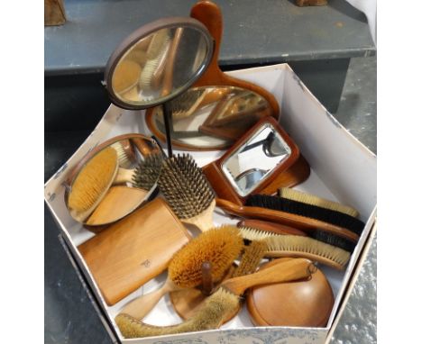 BOX OF WOODEN DRESSING TABLE SET & SHAVING MIRROR 