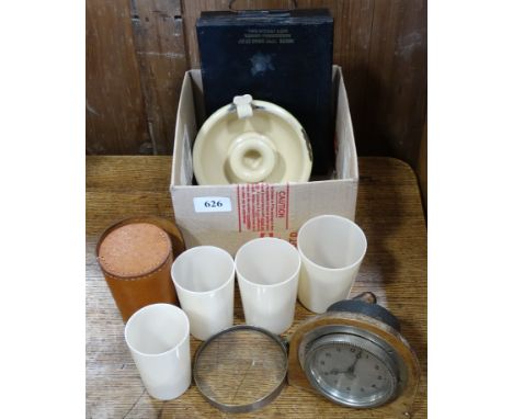 MOUNTED SMITHS CAR CLOCK ENAMEL CHAMBERSTICK, LEATHER CASED TRAVEL BEAKERS, BOOTS MOTORIST 1ST AID KIT & EYE GLASS 