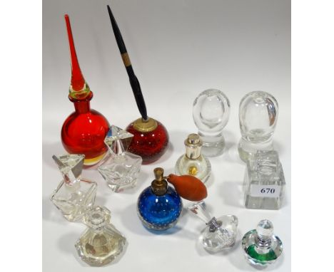 9 GLASS SCENTS BOTTLES, PEN HOLDER & 2 DUMP WEIGHTS 