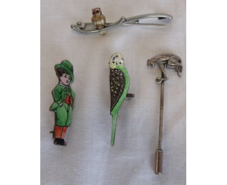 ENAMEL BOY BROOCH, ENAMEL/MARCASITE SET BUDGIE BROOCH, OWL BAR BROOCH & MONKEY WITH MIRROR STICK PIN 