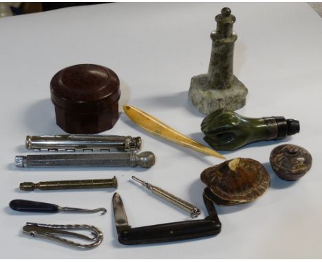 SILVER MOUNTED STONE CANE HANDLE, BAKELITE JAR, SERPENTINE LIGHTHOUSE, BUTTON HOOK, PENKNIFE ETC 