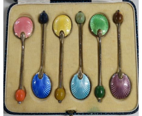 BOX SET WALKER & HALL SILVER ENAMEL COFFEE SPOONS 